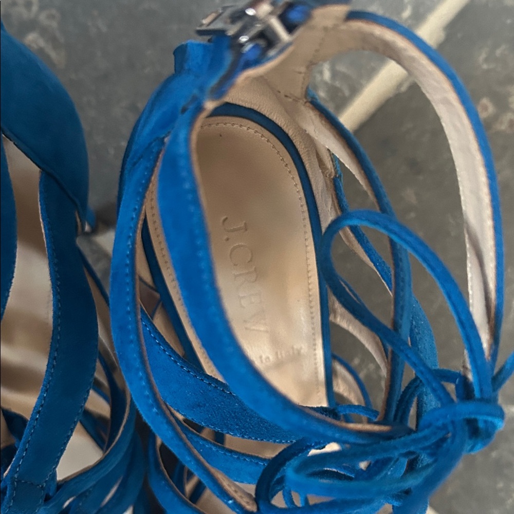 J. Crew Vibrant Blue Suede Lace Up Cage Strappy Heels - Picture 6 of 8